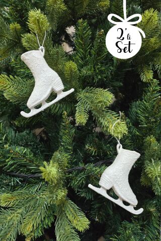 Beyaz Simli Buz Pateni Şeklinde Yılbaşı Ağacı Süsü Beyaz Paten Yılbaşı Ağaç Süsü 2li Paket