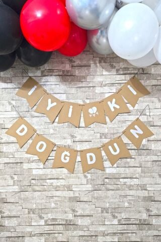 İyi Ki Doğdun Banner Kraft Üzeri Beyaz Yazı Retro Doğum Günü Süsleri