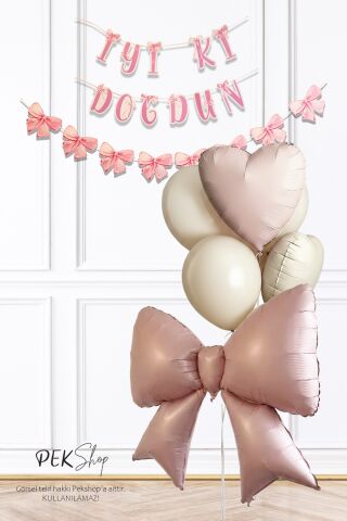 Pembe Fiyonk Balonlu Bannerlı Doğum Günü Balon Seti