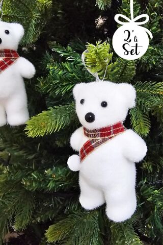 Kutup Ayı Sevimli Beyaz Ayı Tüylü Atkılı Ayı Yılbaşı Ağaç Süsü 2li Paket