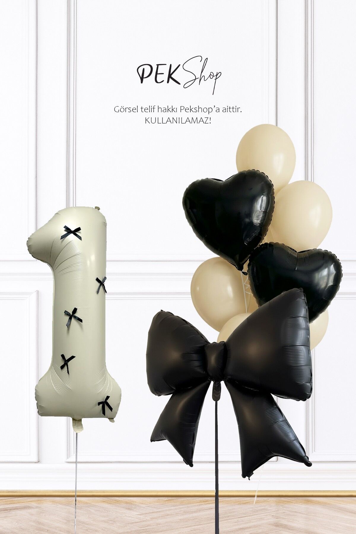 Doğum Günü Siyah Fiyonk ve Kalpler Retro Krem Balonlu Balon Seti Set231