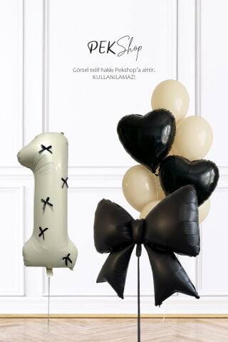 Doğum Günü Siyah Fiyonk ve Kalpler Retro Krem Balonlu Balon Seti Set231