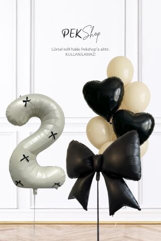 Doğum Günü Siyah Fiyonk ve Kalpler Retro Krem Balonlu Balon Seti Set231
