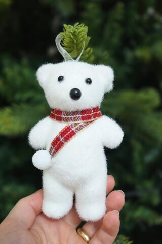 Kutup Ayı Sevimli Beyaz Ayı Tüylü Atkılı Ayı Yılbaşı Ağaç Süsü Tekli