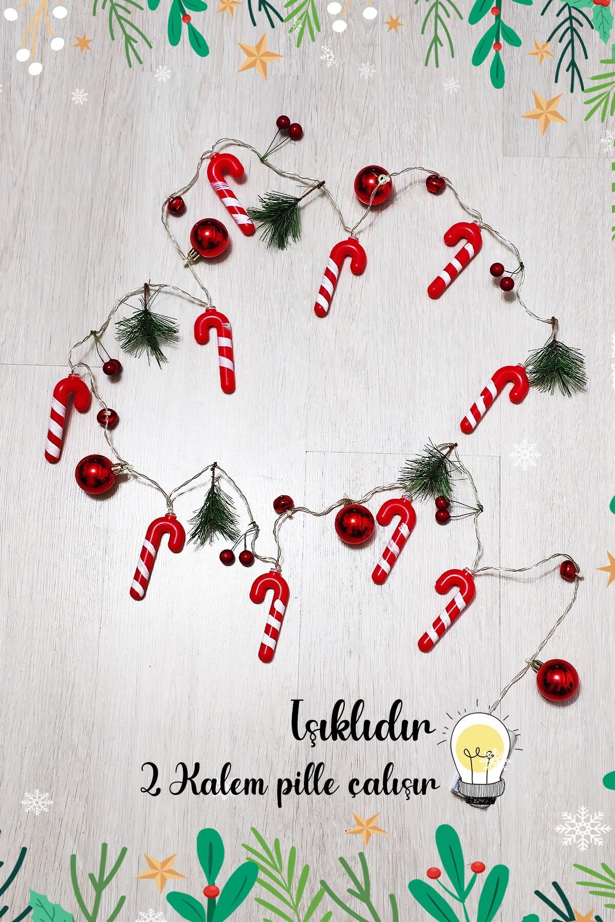 Yılbaşı Işıkları Baston Şekerli Zilli Kırmızı Toplu Yılbaşı Işığı Ağaç Süsü Yılbaşı Mekan Süsü 200cm