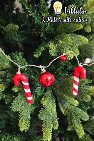 Yılbaşı Işıkları Baston Şekerli Zilli Kırmızı Toplu Yılbaşı Işığı Ağaç Süsü Yılbaşı Mekan Süsü 200cm