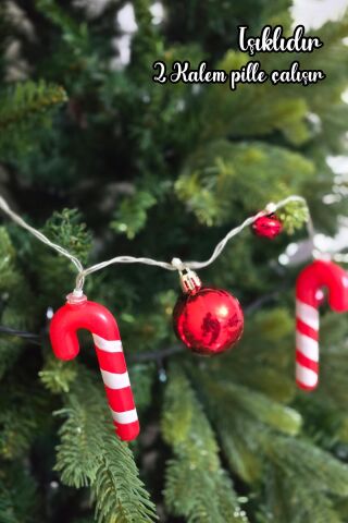 Yılbaşı Işıkları Baston Şekerli Zilli Kırmızı Toplu Yılbaşı Işığı Ağaç Süsü Yılbaşı Mekan Süsü 200cm