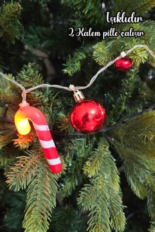 Yılbaşı Işıkları Baston Şekerli Zilli Kırmızı Toplu Yılbaşı Işığı Ağaç Süsü Yılbaşı Mekan Süsü 200cm