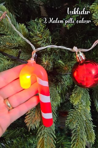 Yılbaşı Işıkları Baston Şekerli Zilli Kırmızı Toplu Yılbaşı Işığı Ağaç Süsü Yılbaşı Mekan Süsü 200cm