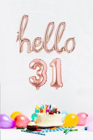 31 Yaş Doğum Günü Balonları - Hello 31 El Yazısı Rose Gold Renk Folyo Balon