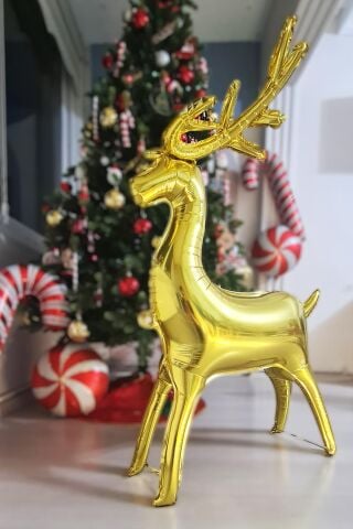 Yılbaşı Gold Geyik Balon Büyük Boy , Ayaklı Yılbaşı Süsü Balonu
