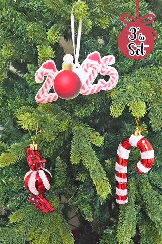 Candy Cane Kırmızı Beyaz Tema Yılbaşı Ağaç Süsleri Seti 2025 Candy Cane Süslü Yılbaşı Ağacı Süsleri 3lü Set