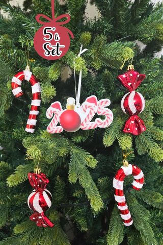Candy Cane Kırmızı Beyaz Tema Yılbaşı Ağaç Süsleri Seti 2025 Candy Cane Süslü Yılbaşı Ağacı Süsleri 5li Set