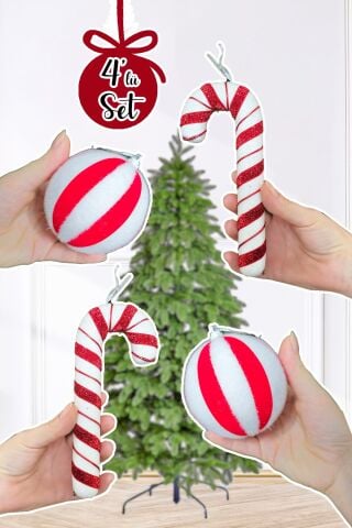 Kırmızı Beyaz Baston Şeker ve Top Yılbaşı Ağaç Süsleri Seti 4lü Paket
