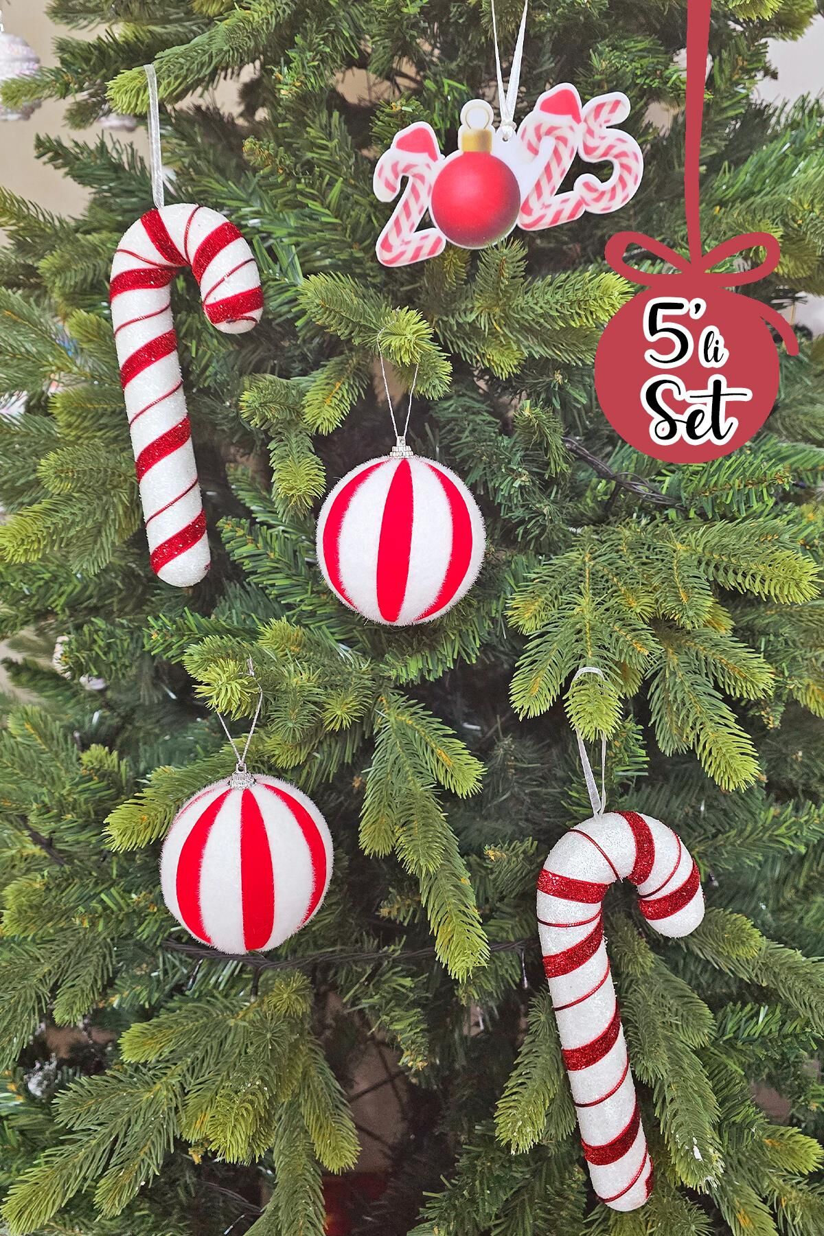 Kırmızı Beyaz Baston Şeker, 2026 Yazılı Candy Cane Süs ve Top Yılbaşı Ağaç Süsleri Seti 5li Paket