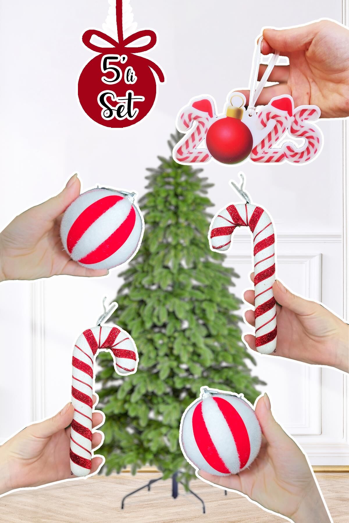 Kırmızı Beyaz Baston Şeker, 2025 Yazılı Candy Cane Süs ve Top Yılbaşı Ağaç Süsleri Seti 5li Paket