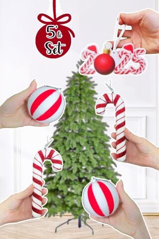 Kırmızı Beyaz Baston Şeker, 2025 Yazılı Candy Cane Süs ve Top Yılbaşı Ağaç Süsleri Seti 5li Paket