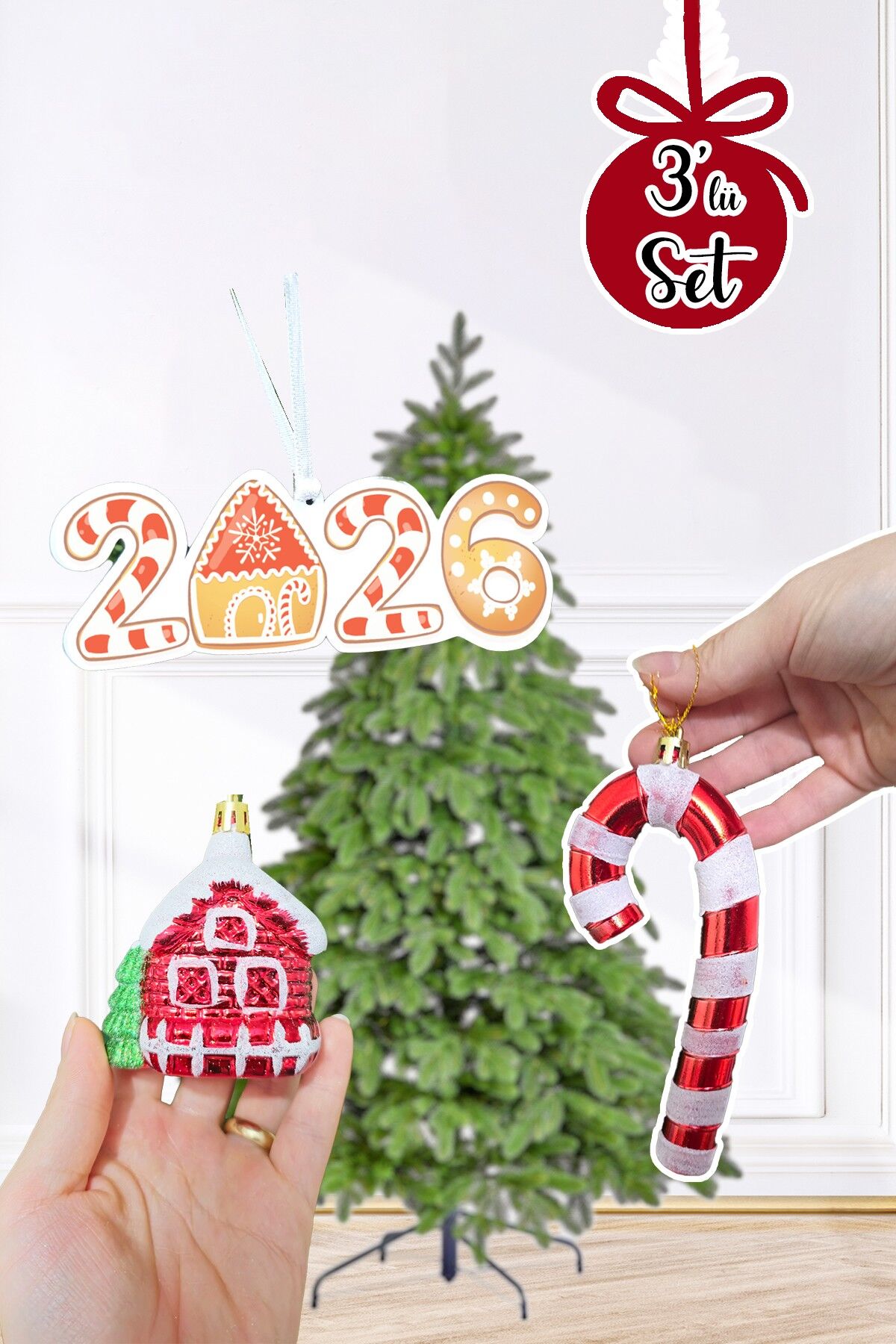 Yılbaşı Ağaç Süsleme Seti Karlı Ev, Baston Şeker ve 2026 Yılbaşı Süs Ağaç Süsleme Seti 3lü Paket