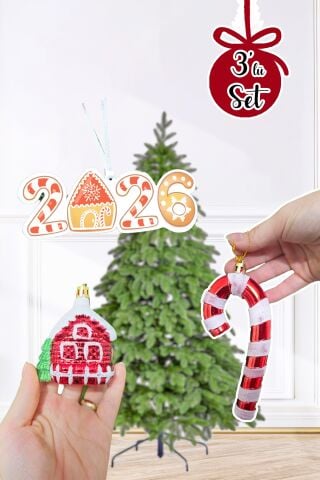 Yılbaşı Ağaç Süsleme Seti Karlı Ev, Baston Şeker ve 2026 Yılbaşı Süs Ağaç Süsleme Seti 3lü Paket