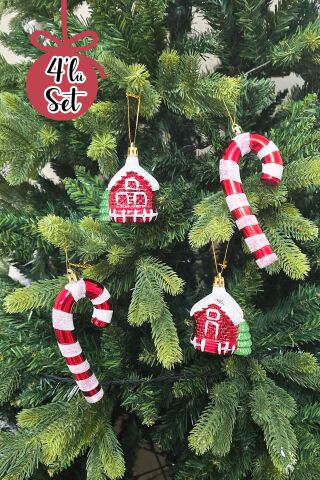 Yılbaşı Ağaç Süsleme Seti Karlı Ev, Baston Şeker ve 2025 Yılbaşı Süs Ağaç Süsleme Seti Lüks 5li Paket