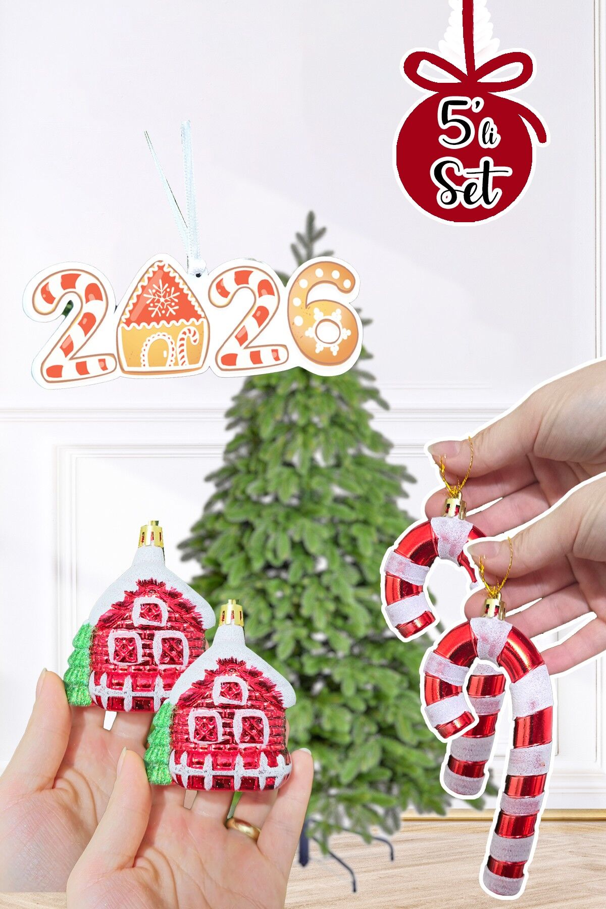 Yılbaşı Ağaç Süsleme Seti Karlı Ev, Baston Şeker ve 2025 Yılbaşı Süs Ağaç Süsleme Seti Lüks 5li Paket