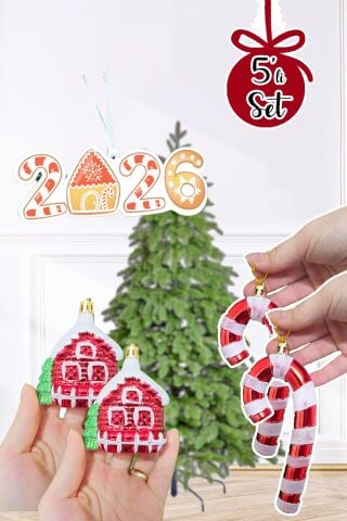 Yılbaşı Ağaç Süsleme Seti Karlı Ev, Baston Şeker ve 2025 Yılbaşı Süs Ağaç Süsleme Seti Lüks 5li Paket