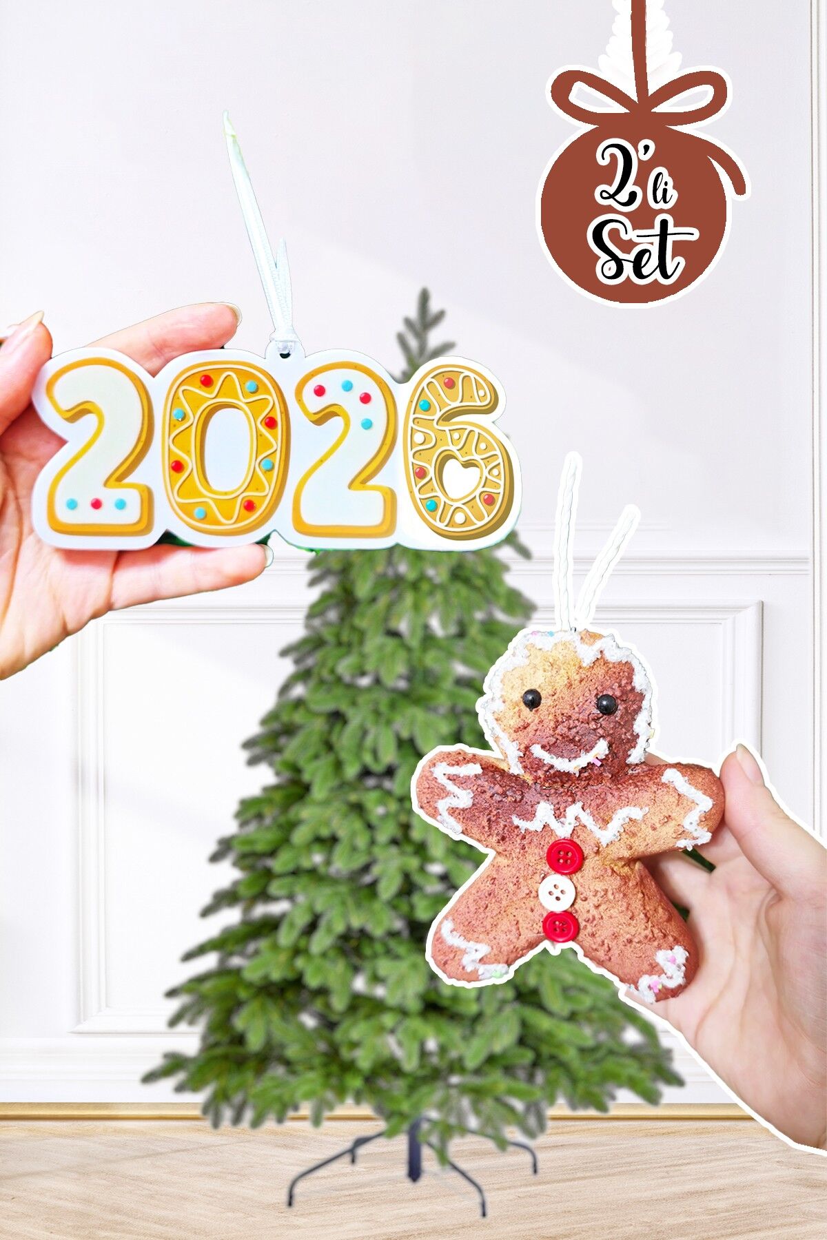 Yılbaşı Ağaç Süsleme Seti Gerçekçi Kurabiye Adam ve 2026 Kurabiye Yılbaşı Ağaç Süsü 2li Set