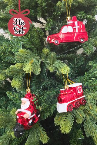 Yılbaşı Ağaç Süsleme Seti Motorsikletli Noel Baba Yılbaşı Arabası ve Tren Lüks Yılbaşı Ağaç Süsü Seti 3lü Paket