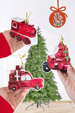 Yılbaşı Ağaç Süsleme Seti Motorsikletli Noel Baba Yılbaşı Arabası ve Tren Lüks Yılbaşı Ağaç Süsü Seti 3lü Paket