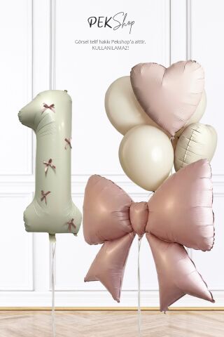 Pembe Fiyonk Kurdele Süslü Yaş Balonlu Fiyonk Tema Doğum Günü Balon Seti