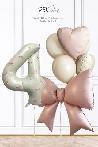 Pembe Fiyonk Kurdele Süslü Yaş Balonlu Fiyonk Tema Doğum Günü Balon Seti 4