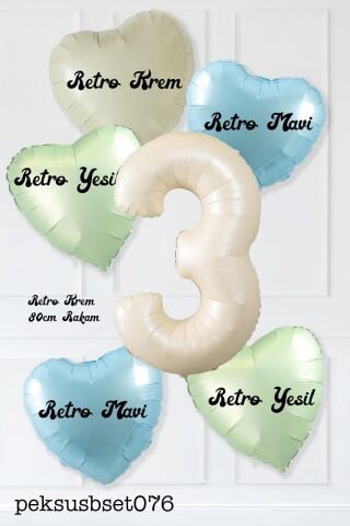 Retro Yeşil Mavi Kalpli Krem Yaş Balonlu Balon Seti Deniz Kumu Krem Retro Doğum Günü Rakam Yaş Balon Seti 6