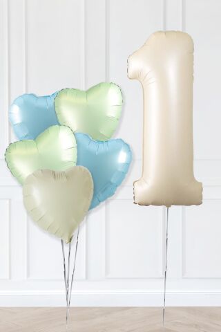 Retro Yeşil Mavi Kalpli Krem Yaş Balonlu Balon Seti Deniz Kumu Krem Retro Doğum Günü Rakam Yaş Balon Seti