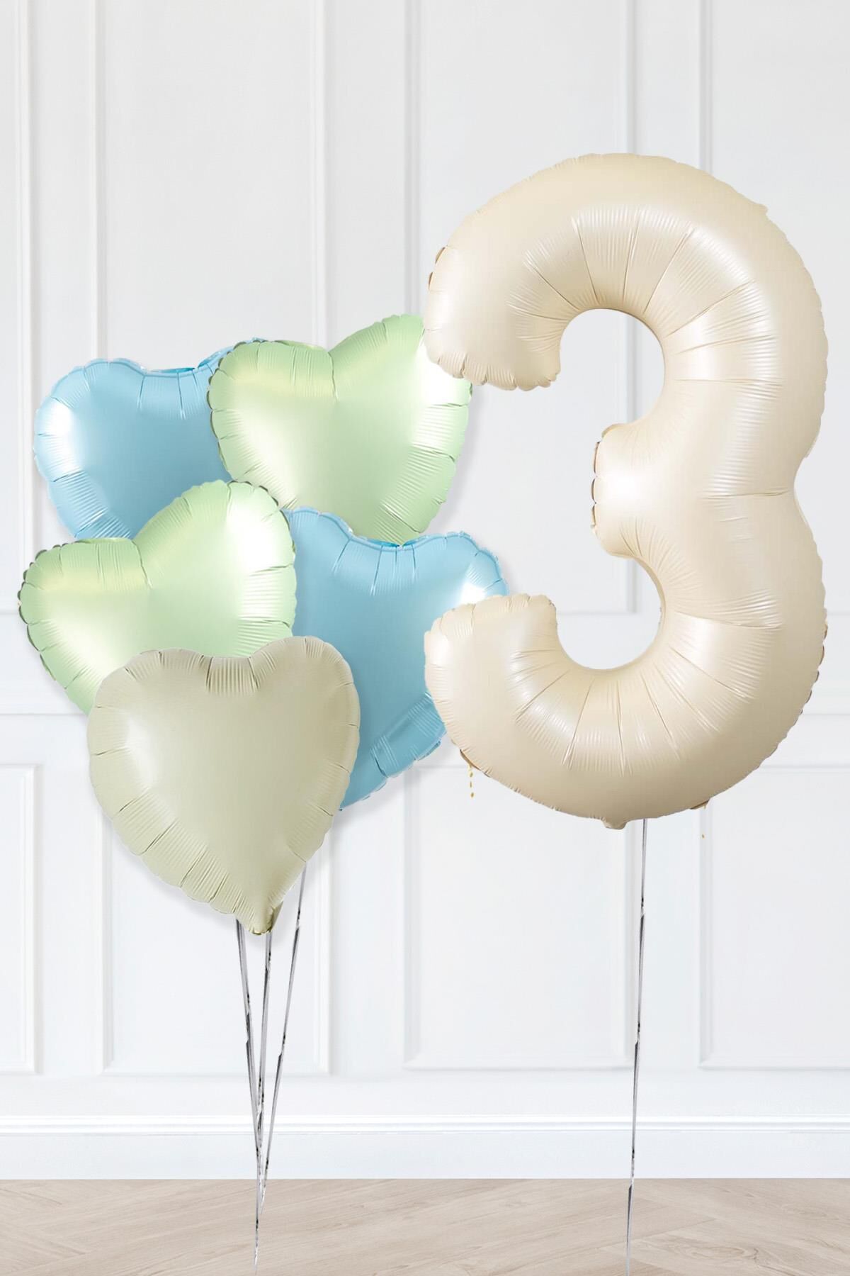 Retro Yeşil Mavi Kalpli Krem Yaş Balonlu Balon Seti Deniz Kumu Krem Retro Doğum Günü Rakam Yaş Balon Seti 3