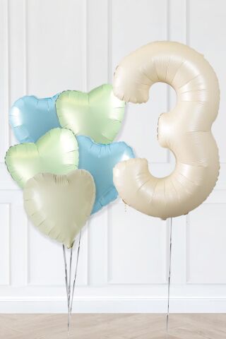 Retro Yeşil Mavi Kalpli Krem Yaş Balonlu Balon Seti Deniz Kumu Krem Retro Doğum Günü Rakam Yaş Balon Seti 3