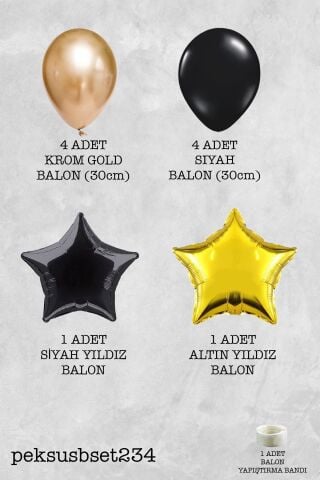 Siyah Gold Yıldız Folyo Balonlu Balon Demeti Set234