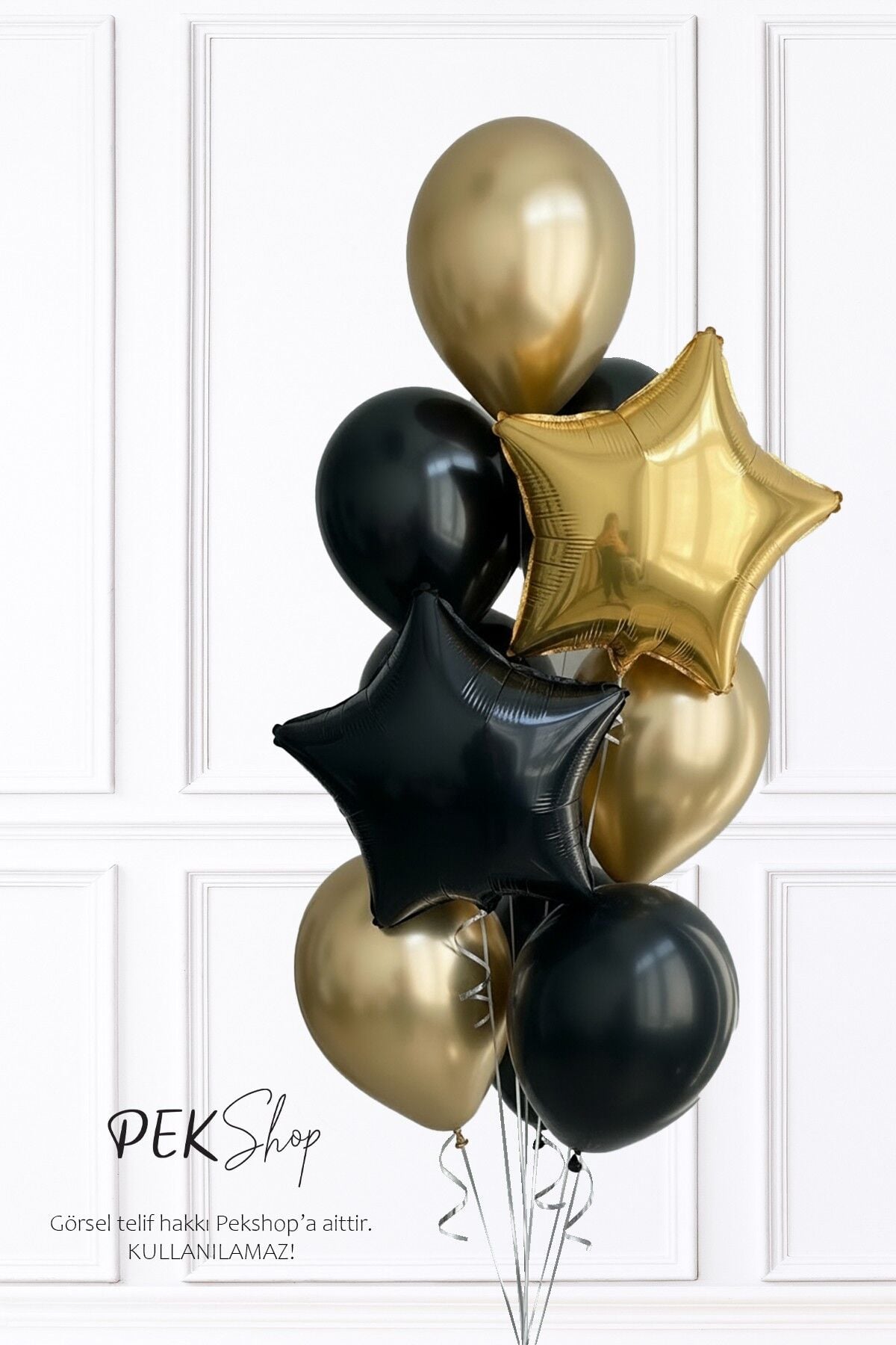 Siyah Gold Yıldız Folyo Balonlu Balon Demeti Set234