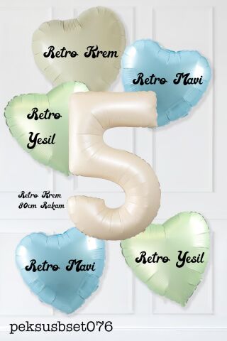 Retro Yeşil Mavi Kalpli Krem Yaş Balonlu Balon Seti Deniz Kumu Krem Retro Doğum Günü Rakam Yaş Balon Seti 5