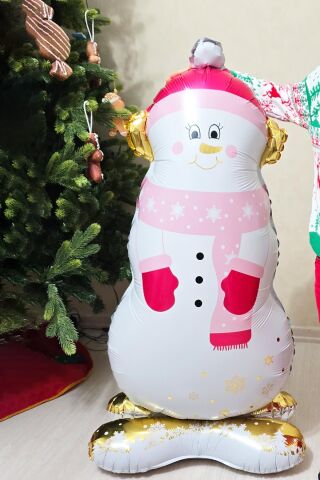 Pembe Gold Detaylı Kardan Adam Folyo Balon Ayaklı Sevimli Kardan Adam Balon 120cm