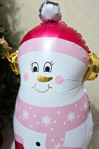 Pembe Gold Detaylı Kardan Adam Folyo Balon Ayaklı Sevimli Kardan Adam Balon 120cm