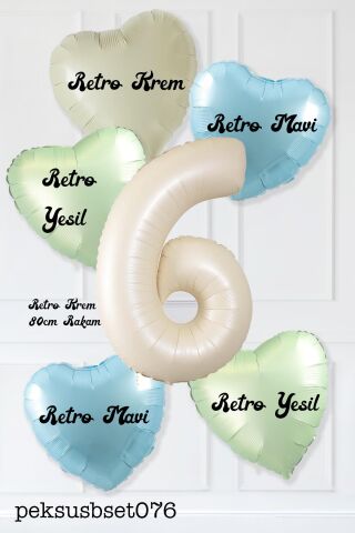 Retro Yeşil Mavi Kalpli Krem Yaş Balonlu Balon Seti Deniz Kumu Krem Retro Doğum Günü Rakam Yaş Balon Seti 6