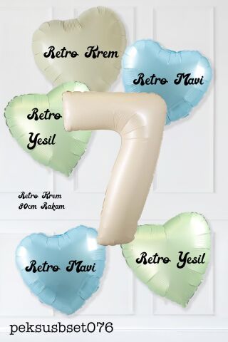 Retro Yeşil Mavi Kalpli Krem Yaş Balonlu Balon Seti Deniz Kumu Krem Retro Doğum Günü Rakam Yaş Balon Seti 7