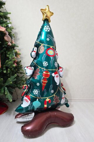 Yılbaşı Desenli Ayaklı Yılbaşı Ağacı Folyo Balon Yılbaşı Balonu