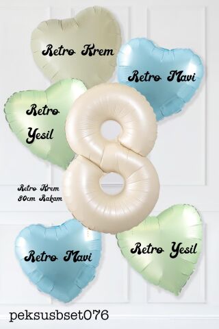 Retro Yeşil Mavi Kalpli Krem Yaş Balonlu Balon Seti Deniz Kumu Krem Retro Doğum Günü Rakam Yaş Balon Seti 8