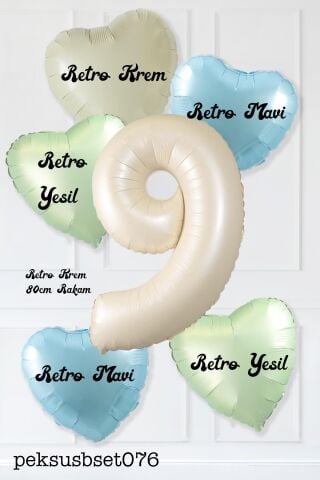 Retro Yeşil Mavi Kalpli Krem Yaş Balonlu Balon Seti Deniz Kumu Krem Retro Doğum Günü Rakam Yaş Balon Seti 9
