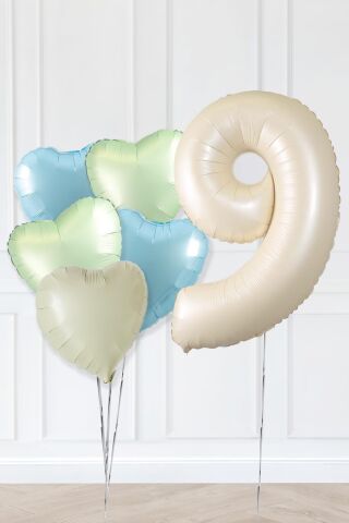 Retro Yeşil Mavi Kalpli Krem Yaş Balonlu Balon Seti Deniz Kumu Krem Retro Doğum Günü Rakam Yaş Balon Seti 9