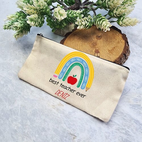 İsme Özel Öğretmenler Günü Hediyesi Best Teacher Bez Kalemlik Çanta