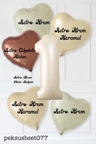 Retro Krem Yaş Balonlu Karamel Kahve Kalpli Retro Doğum Günü Yaş Balon Seti