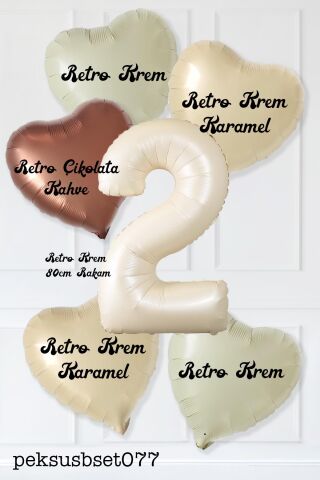 Retro Krem Yaş Balonlu Karamel Kahve Kalpli Retro Doğum Günü Yaş Balon Seti 9