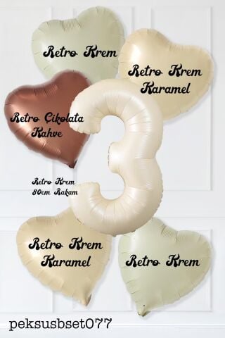 Retro Krem Yaş Balonlu Karamel Kahve Kalpli Retro Doğum Günü Yaş Balon Seti 6